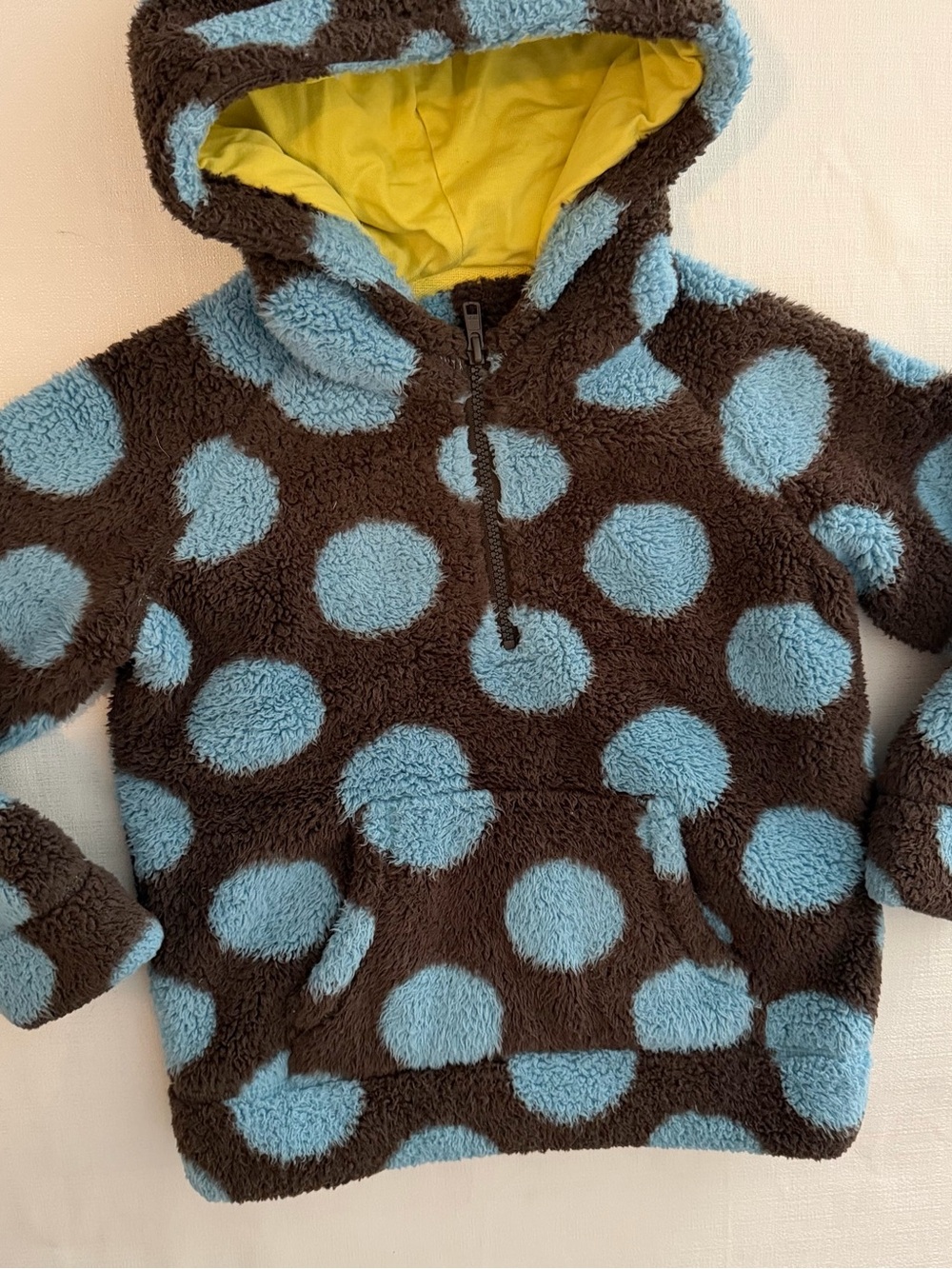 Mini Boden Brown Sherpa Hoodie with Light Blue Polka Dots and Yellow Lining